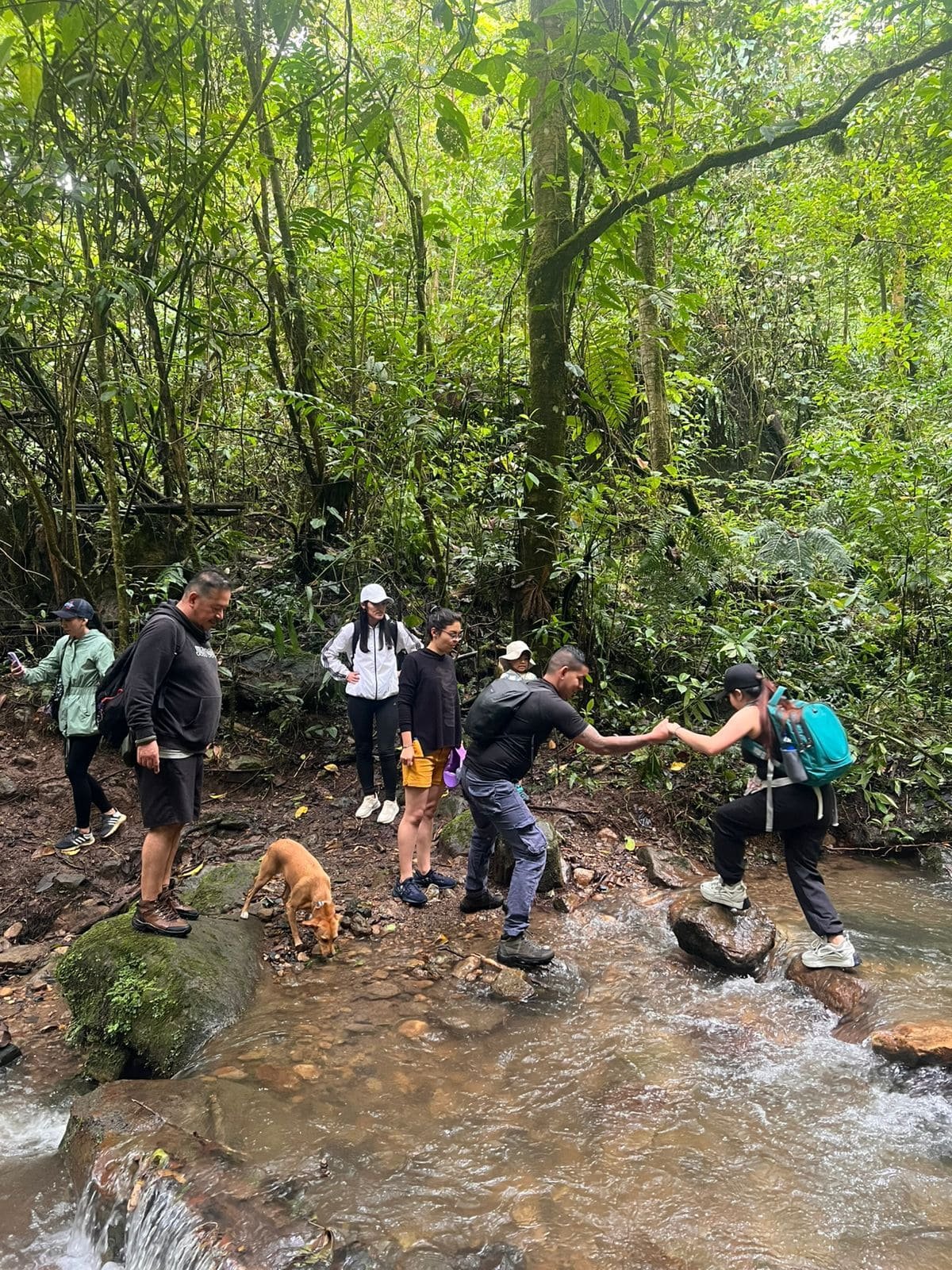 foto de personas ayudándose a cruzar el rio de la cascada de san carlos